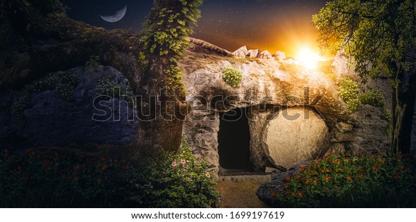 Jesus\'s\
empty tomb at sunrise. Concept of\
resurrection.