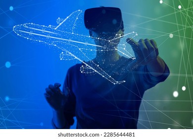 Jet Engine Augmented Reality Hologramm. Specialists Work in Technological Plane Development Facility.