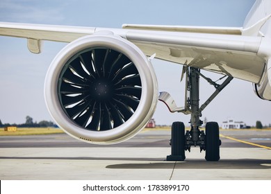 Jet Engine Of Commercial Airplane At Airport During Sunny Day. Themes Modern Technology, Power And Travel.