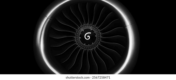 Jet engine front view isolated on black background. Close up of airplane engine during maintenance.engineering marvel
