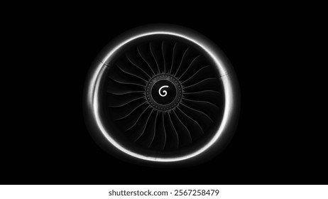 Jet engine front view isolated on black background. Close up of airplane engine during maintenance.engineering marvel