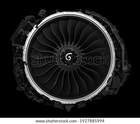 Jet engine front view isolated on black background. Close up of airplane engine during maintenance. engineering marvel.