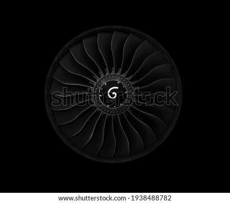 Jet engine front view isolated on black background.
