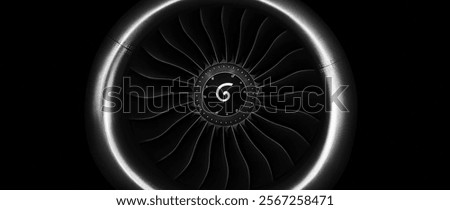 Jet engine front view isolated on black background. Close up of airplane engine during maintenance.engineering marvel