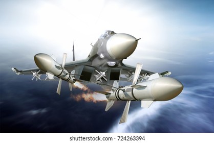 Jet Fighter Firing Missile On High Speed Chase