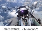  Jet fighter pilot in cockpit view with wingman support