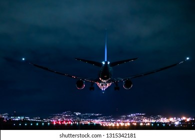 Jet Plane Landing Scene In The Night.