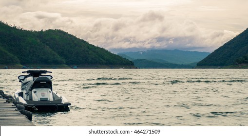 Jet Ski In A Clam Lake. Vacation Concept.