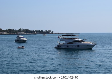 Jetski And Yachts On The Sea. Clear Sea Blue Sky. Motor Transport In The Sea, Scutter And Boats. Antalya, Turkey