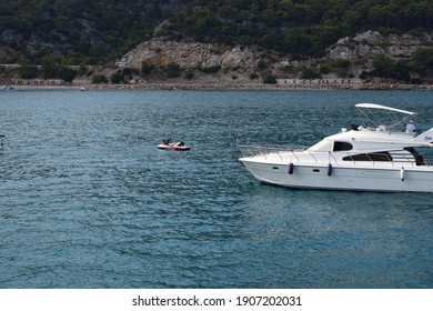 Jetski And Yachts On The Sea. Clear Sea Blue Sky. Motor Transport In The Sea, Scutter And Boats. Antalya, Turkey. 27 September, 2020