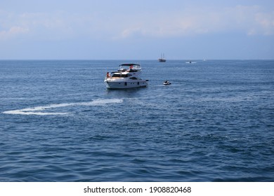 Jetski And Yachts On The Sea. Clear Sea Blue Sky. Motor Transport In The Sea, Scutter And Boats. Antalya, Turkey. 27 September, 2020