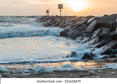 Jetty At Dawn At The Virginia Beach Oceanfront At Rudee Inlet