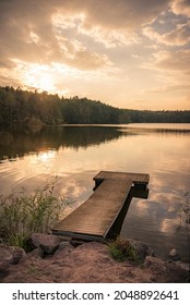 Jetty During Bright Sunset In Östergötland, Sweden