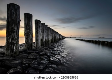 Jetty With Poles At Hoofdplaat In The Western Scheldt