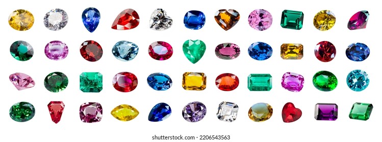 Jewel or gems isolated on white background, Collection of many different natural gemstones