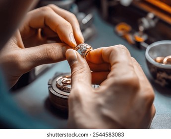 A jeweler holds a diamond ring in their hands, inspecting it for any flaws or imperfections before finishing the piece. - Powered by Shutterstock