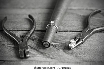 Jeweler And Jewel Tools On Wood In Black And White