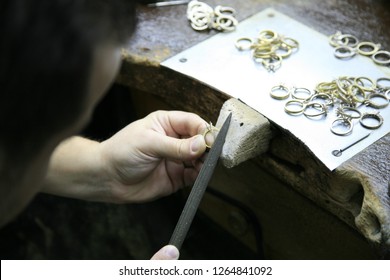 Jeweler Making Handmade Jewelry On Vintage Bench. The Art Of Jewelry.