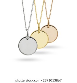 Jewellery Necklace Pendants in White Gold, Yellow Gold and Rose Gold on White Background