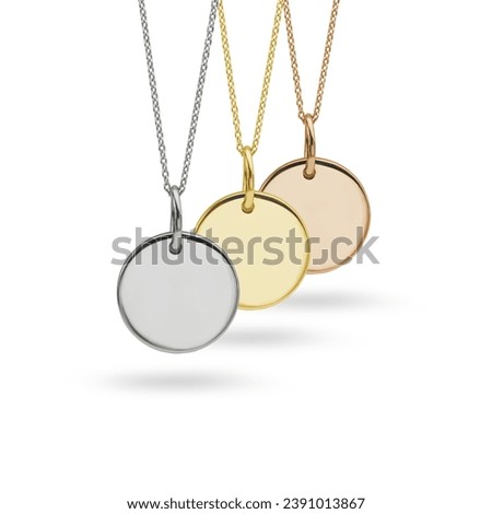 Jewellery Necklace Pendants in White Gold, Yellow Gold and Rose Gold on White Background
