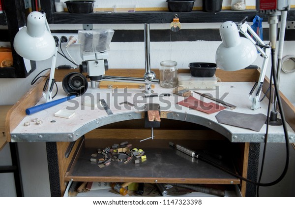 Jewellery Workshop Workbench Shelves Full Jewelry Stock Photo