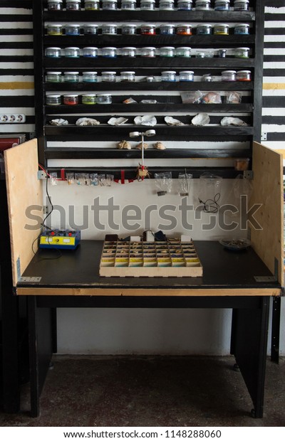 Jewellery Workshop Workbench Shelves Full Jewelry Stock Photo
