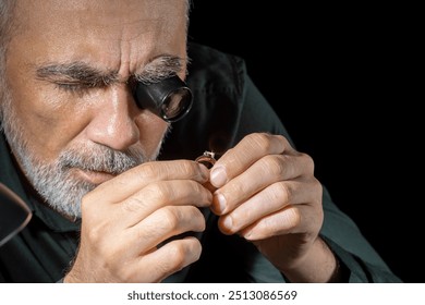 Jewelry appraiser examines a gold ring evaluating large diamond looking through magnifying glass monocular. Professional goldsmith manufacturing or repair luxury wedding engagement ring. - Powered by Shutterstock