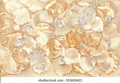 Jewelry background - crystals on gold petals 