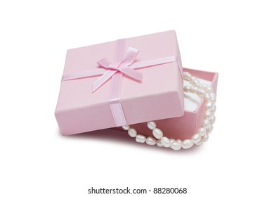 Jewelry Box And Pearl Necklace Isolated On White Background