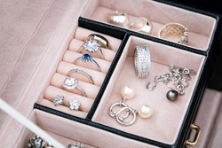 Jewelry Box With White Gold And Silver Rings, Earrings And Pendants With Pearls. Collection Of Luxury Jewelry