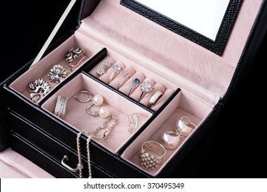 Jewelry Box With White Gold And Silver Rings, Earrings And Pendants With Pearls. Collection Of Luxury Jewelry