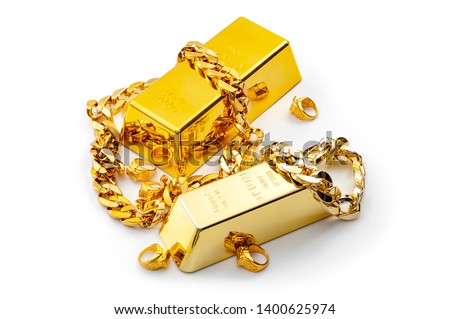 Jewelry buyer, pawn shop and buy and sell precious metals concept theme with a pile of golden rings, necklace bracelet and gold bullion isolated on white background