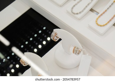 Jewelry Diamond Earrings Show In Luxury Retail Store Window Display Showcase