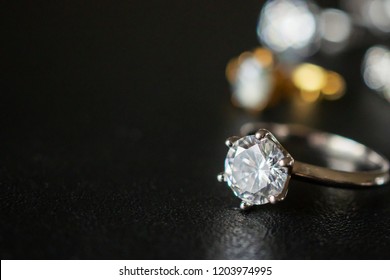 Jewelry Diamond Rings Set On Black Background Close Up