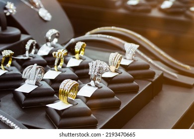 jewelry diamond rings show in luxury retail store window display showcase