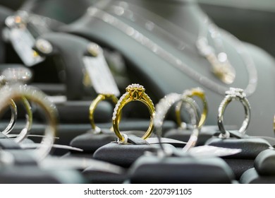 Jewelry Diamond Rings Show In Luxury Retail Store Window Display Showcase