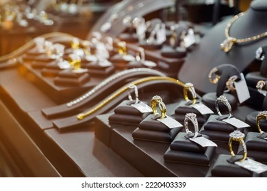 Jewelry Diamond Rings Show In Luxury Retail Store Window Display Showcase