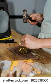 Jewelry Maker Woman Working In Professional Jewelry Workshop At Her Workbench.