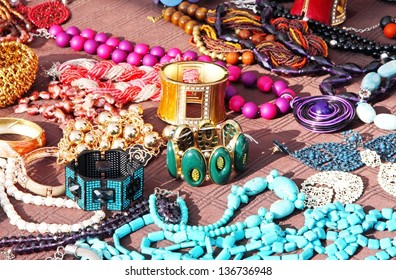 Jewelry necklaces and vintage bracelets for sale at flea market