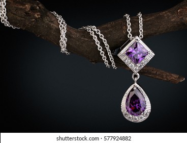 Jewelry  Pendant Witht Gem  Amethyst On Twig, Black Background