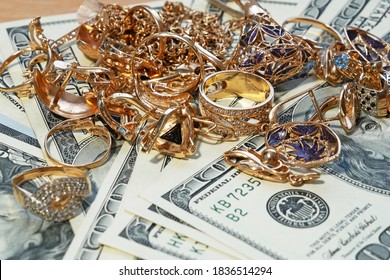 Jewelry Scrap Of Gold And Silver And Money, Pawnshop Concept, Closeup