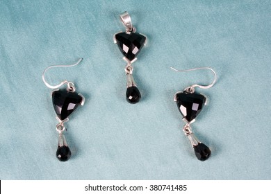 A Jewelry Set Of Black Onyx Pendant And Earrings Made Of Silver.