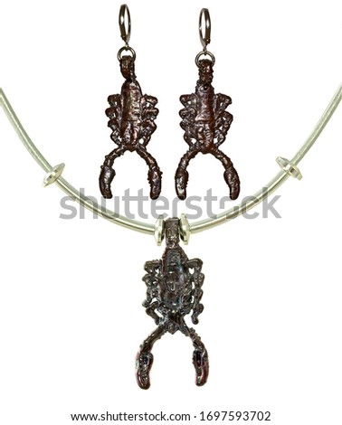 Jewelry set. Necklace and earrings made from natural scorpions. Electroforming