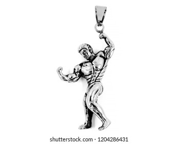 Jewelry, Sports Pendant. Bodybuilder Stainless Steel. Silver Color. One Background Color