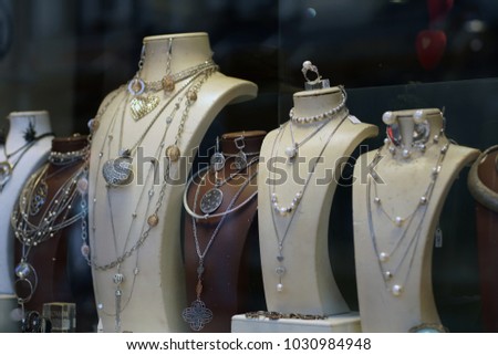 Jewelry store in old Turkish bazaar in Skopje, White gold, silver & turquoise jewlery