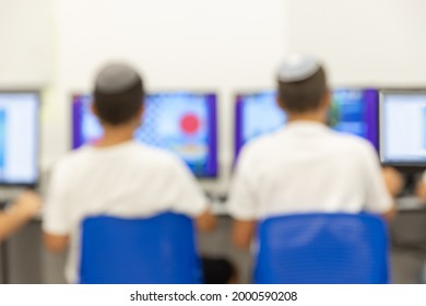 Jewish Boys With Kippah  In The Computer Classroom, Blur Image For Background Usage, Jewish School, Israeli Kids, Israel 
