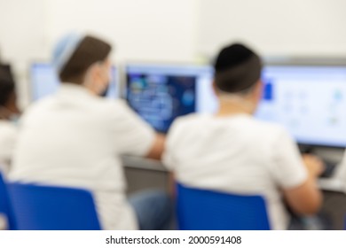 Jewish Boys With Kippah  In The Computer Classroom, Blur Image For Background Usage, Jewish School, Israeli Kids, Israel 
