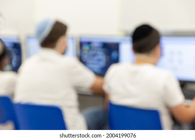 Jewish Boys With Kippah  In The Computer Classroom, Blur Image For Background Usage, Jewish School, Israeli Kids, Israel 
