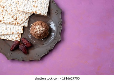 Jewish Charoset For Passover With Matza, Dates On A Tray.