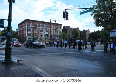 Jewish Community Showing Chabad Lubavitch Headquarters Open 
1920 And Jewish Dwellings Along Eastern Parkway In Crown Heights Brooklyn With 3 Train Station And People Out And About NY June 20 2019